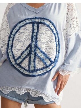 #195-48 POL New Light Blue Lace Peace Sign V-Neck Top